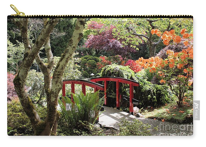 Japanese Garden Zip Pouch featuring the photograph Japanese Garden Bridge with Rhododendrons by Carol Groenen