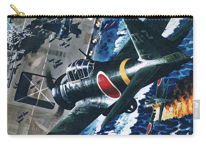 Japanese Zip Pouch featuring the painting Japanese Suicide Attack On American by Wilf Hardy