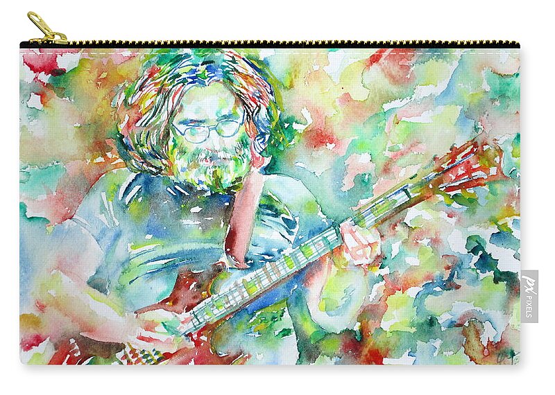 Jerry Zip Pouch featuring the painting JERRY GARCIA PLAYING the GUITAR watercolor portrait.3 by Fabrizio Cassetta