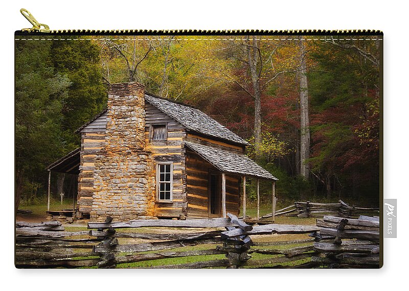 John Oliver Zip Pouch featuring the photograph John Oliver Cabin Cades Cove by Lena Auxier