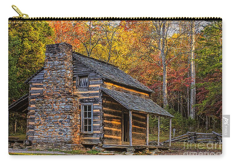 John Oliver's Cabin In Great Smoky Mountains Zip Pouch featuring the photograph John Oliver's Cabin in Great Smoky Mountains by Priscilla Burgers