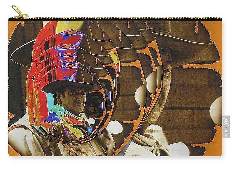 John Wayne Andy Warhol Inspired Rio Lobo Variation 3 Collage Old Tucson Arizona Color Added Sepia Toned Zip Pouch featuring the photograph John Wayne Andy Warhol inspired Rio Lobo variation 3 collage Old Tucson Arizona 1970 by David Lee Guss
