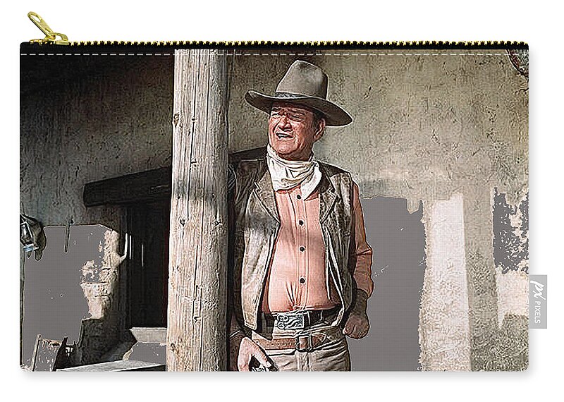 John Wayne Publicity Photo Rio Lobo Old Tucson Arizona Mexican Cantina Porch Howard Hawks George Plimpton Color Added Zip Pouch featuring the photograph John Wayne publicity photo Rio Lobo 1970 Old Tucson Arizona 1970-2012 by David Lee Guss