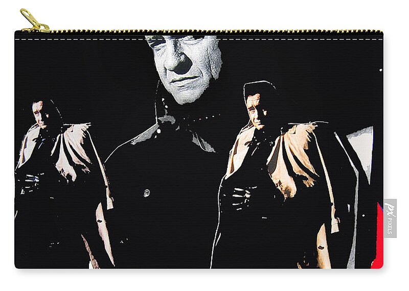 Johnny Cash Multiples Trench Coat Sitting Collage Surrealism Old Tucson Arizona Zip Pouch featuring the photograph Johnny Cash multiples trench coat sitting collage 1971-2008 by David Lee Guss