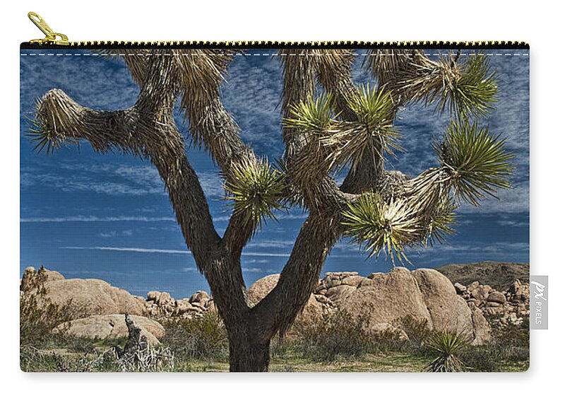 California Zip Pouch featuring the photograph Joshua Tree National Park with Joshua Tree against a Blue Sky with Cirrus Clouds by Randall Nyhof