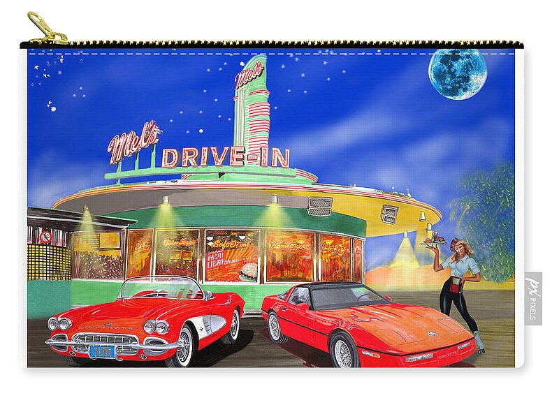A Pair Of Red Corvettes Painted By Jack Pumphrey Parked At The Next Generation Mel's Drive-in Zip Pouch featuring the painting Julies Corvettes by Jack Pumphrey