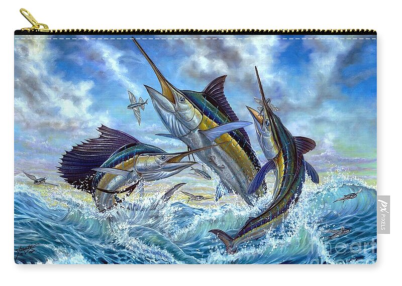 Blue Mrlin Zip Pouch featuring the painting Jumping Grand Slam And Flyingfish by Terry Fox