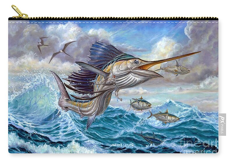 Sailfish Small Tuna Zip Pouch featuring the painting Jumping Sailfish And Small Fish by Terry Fox