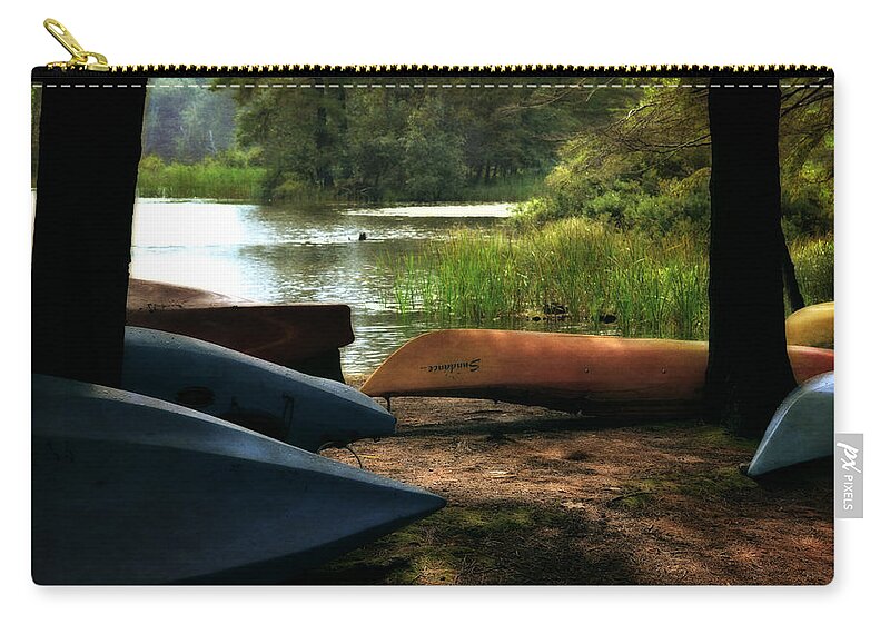 Kayak Zip Pouch featuring the photograph Kayaks on the Shore by Michelle Calkins