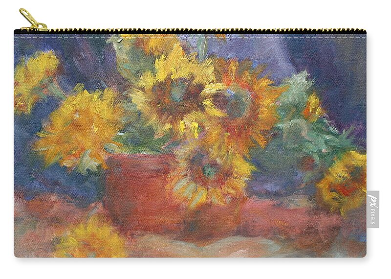 Sunflower Zip Pouch featuring the painting Keep on the Sunny Side - Original Contemporary Impressionist Painting - Sunflower Bouquet by Quin Sweetman