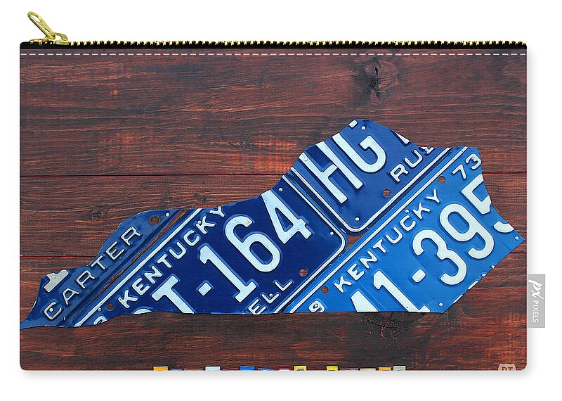 Kentucky Zip Pouch featuring the mixed media Kentucky License Plate Map The Bluegrass State by Design Turnpike