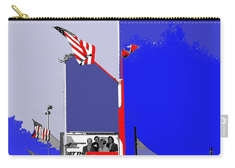 Kvoa Tv Shredded Billboard Michael Goodrich Bud Foster Patty Weiss Thom Boyd 1984 Tucson Arizona Color Added American Flags Zip Pouch featuring the photograph KVOA TV billboard Michael Goodrich Bud Foster Patty Weiss Thom Boyd 1984 Tucson AZ 1984-2012 by David Lee Guss