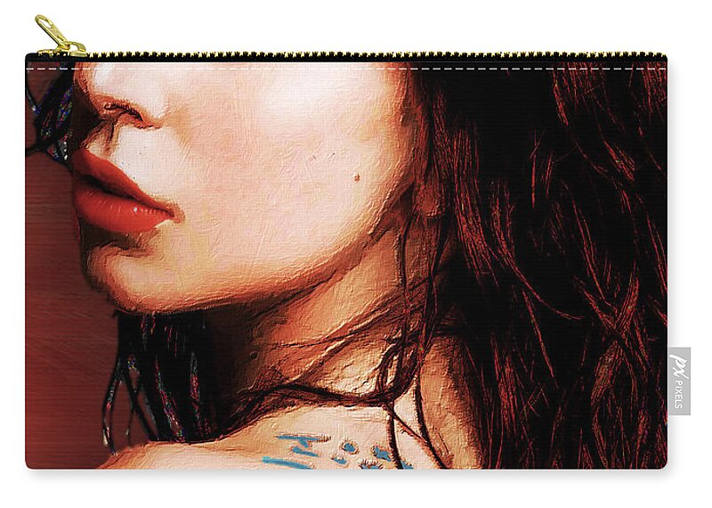 Lady Gaga Zip Pouch featuring the painting Lady Gaga Blue Tattoo Close Up by Tony Rubino