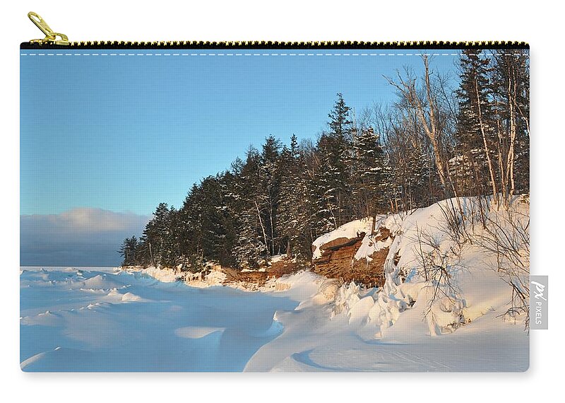 Lake Superior Zip Pouch featuring the photograph Lake Superior Winter Sunset Shoreline by Kathryn Lund Johnson