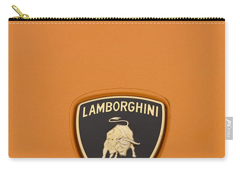 Lamborghini Zip Pouch featuring the photograph Lambo Hood Ornament Orange by Scott Campbell