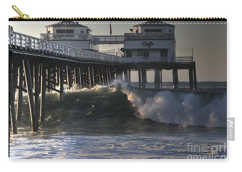 Malibu Zip Pouch featuring the photograph Large Wave at Malibu Pier by Richard Omura