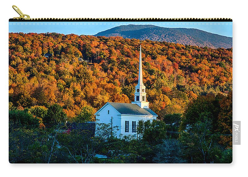 Autumn Foliage New England Zip Pouch featuring the photograph Last rays of autumn sun on Stowe Church by Jeff Folger