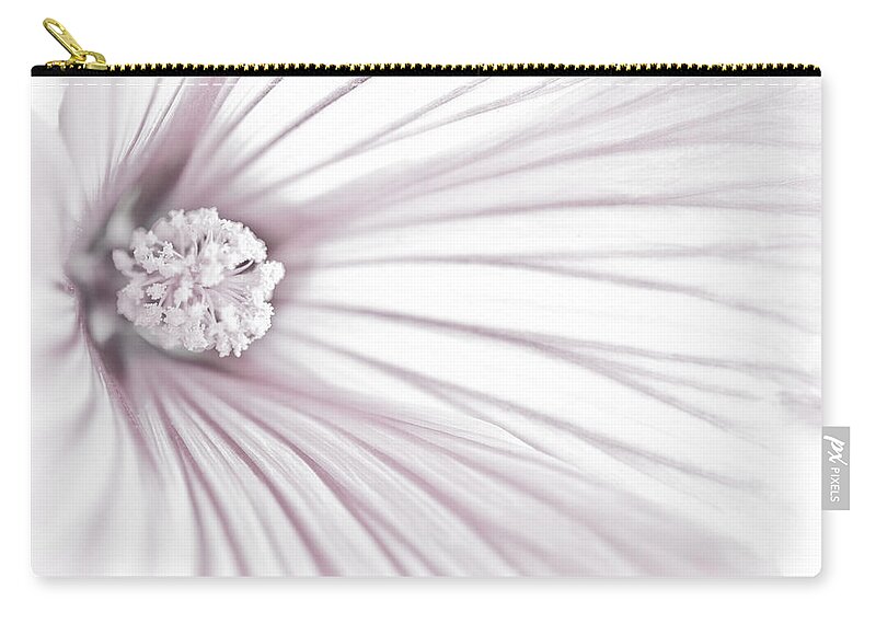 Soft Lavatera Flower Stamen Zip Pouch featuring the photograph Lavatera Flower Stamen Macro by Sandra Foster