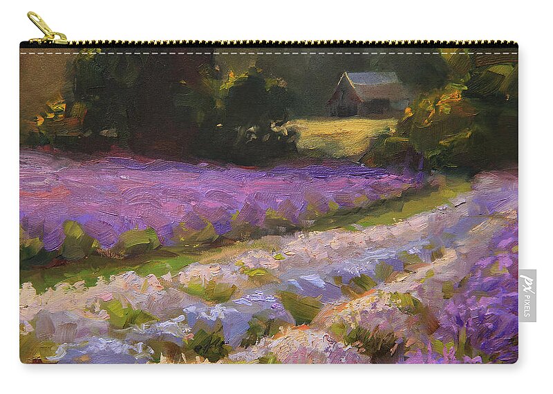 Oregon Zip Pouch featuring the painting Lavender Farm Landscape Painting - Barn and Field at Sunset Impressionism by K Whitworth