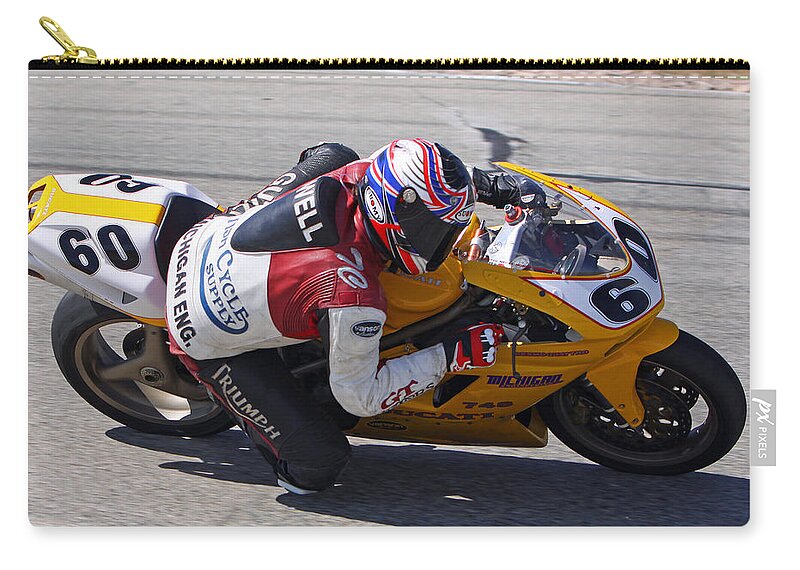 Motorsports Zip Pouch featuring the photograph Leaning Into Speed by Shoal Hollingsworth