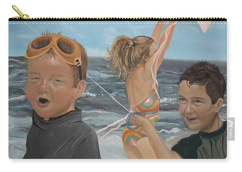 Portrait Carry-all Pouch featuring the painting Beach - Children playing - kite by Jan Dappen