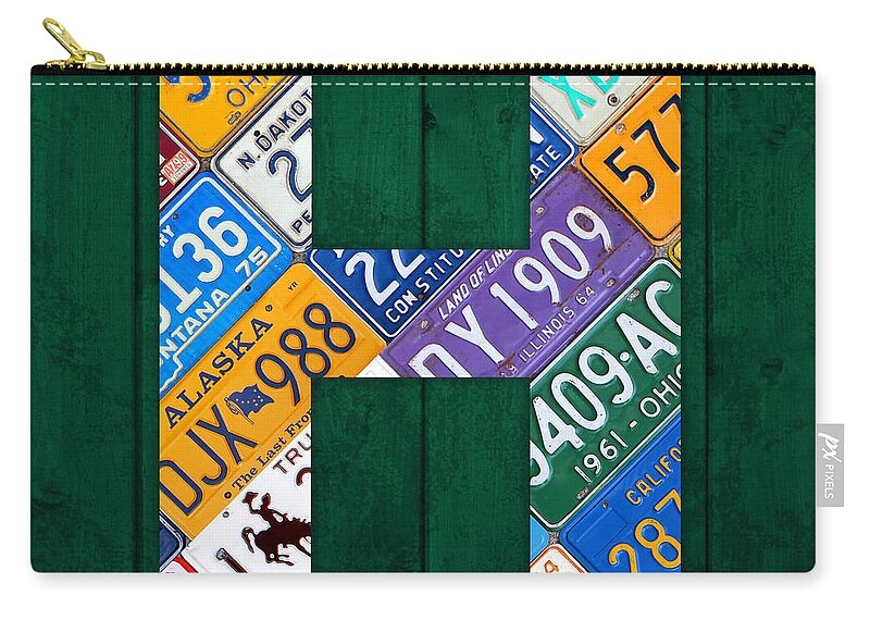 Letter Zip Pouch featuring the mixed media Letter H Alphabet Vintage License Plate Art by Design Turnpike