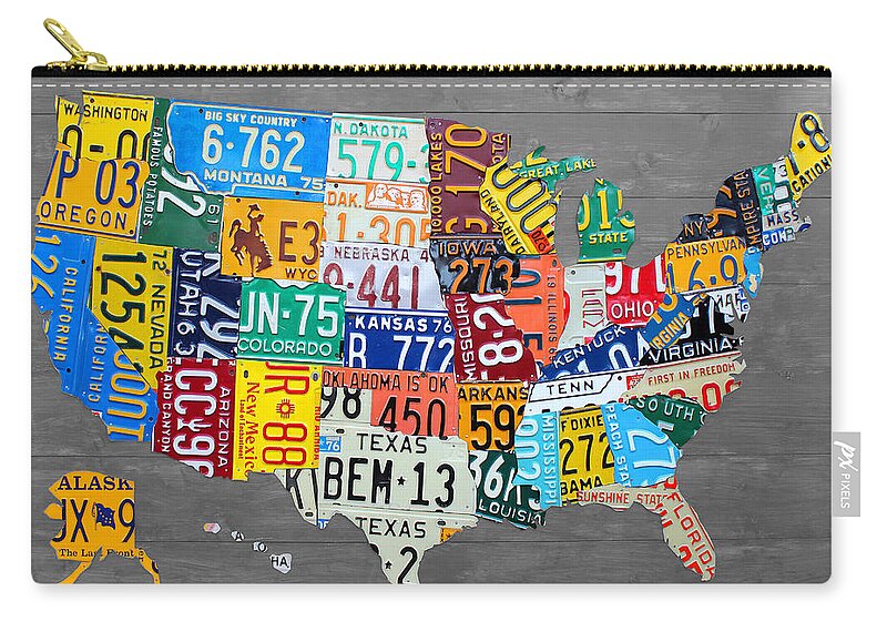 License Plate Map Zip Pouch featuring the mixed media License Plate Map of The United States on Gray Wood Boards by Design Turnpike