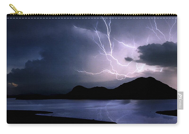 Oklahoma Zip Pouch featuring the photograph Lightning over Quartz Mountains - Oklahoma by Jason Politte