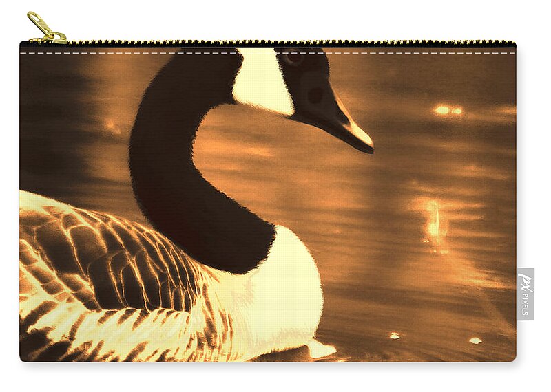 Canadian Goose Zip Pouch featuring the photograph Lila Goose the Pond Queen Sepia by Lesa Fine