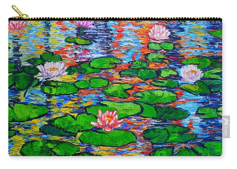 Lilies Zip Pouch featuring the painting Lily Pond Colorful Reflections by Ana Maria Edulescu