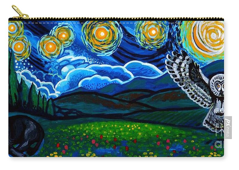 Lion Zip Pouch featuring the painting Lion And Owl On A Starry Night by Genevieve Esson