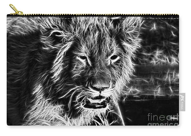 Cub Zip Pouch featuring the photograph Lion Cub-Black and White V2 by Douglas Barnard