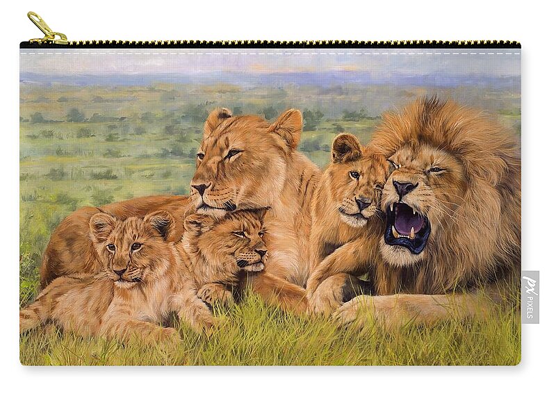Lion Zip Pouch featuring the painting Lion Family by David Stribbling