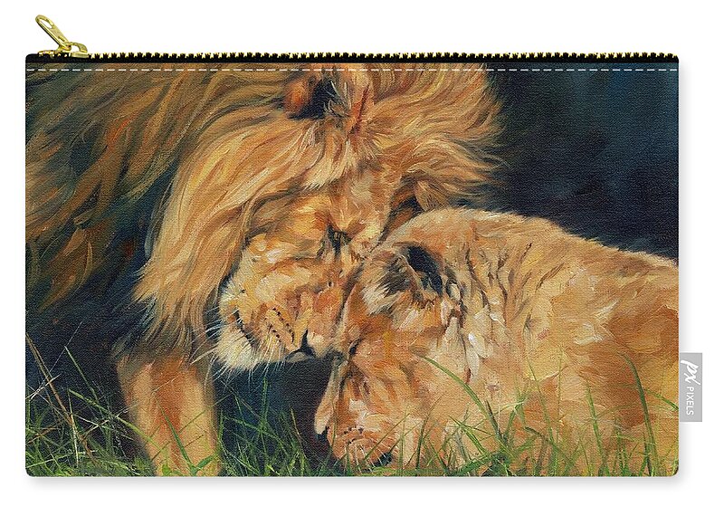 Lion Zip Pouch featuring the painting Lion Love by David Stribbling