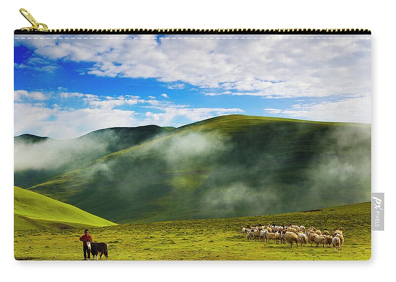 Scenics Zip Pouch featuring the photograph Livestock In Grassland by Aldo Pavan