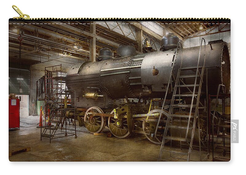 Train Zip Pouch featuring the photograph Locomotive - Repairing history by Mike Savad