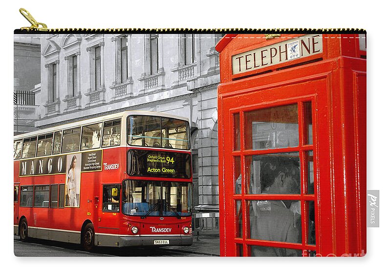 Red Zip Pouch featuring the photograph London With A Touch Of Colour by Nina Ficur Feenan