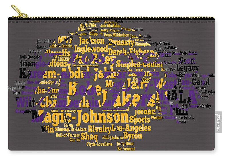 Los Angeles Lakers Zip Pouch featuring the digital art Los Angeles Lakers Word Cloud by Brian Reaves