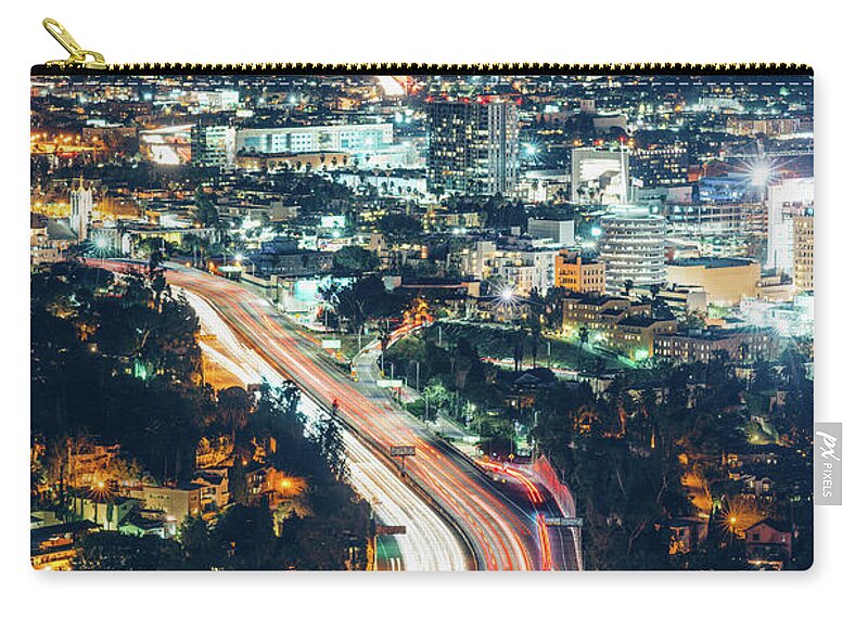 Downtown District Zip Pouch featuring the photograph Los Angeles Skyline At Night by Ferrantraite