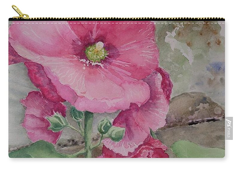 Hollyhocks Zip Pouch featuring the painting Lovely Hollies by Marilyn Zalatan