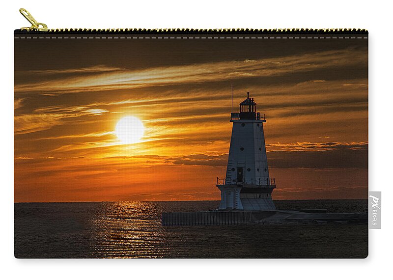 Art Zip Pouch featuring the photograph Ludington Pier Lighthead at Sunset by Randall Nyhof