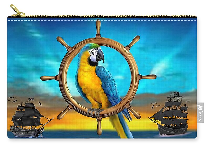 Blue And Yellow Macaw Parrot Zip Pouch featuring the digital art Macaw Pirate Parrot by Glenn Holbrook