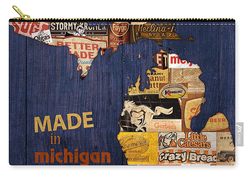 Made In Michigan Products Vintage Map On Wood Kelloggs Better Made Faygo Ford Chevy Gm Little Caesars Strohs Pioneer Sugar Lazy Boy Detroit Lansing Grand Rapids Flint Mustang Meijer Olgas Vernors Gerber Kowalski Sausage Corn Flakes Carry-all Pouch featuring the mixed media Made in Michigan Products Vintage Map on Wood by Design Turnpike