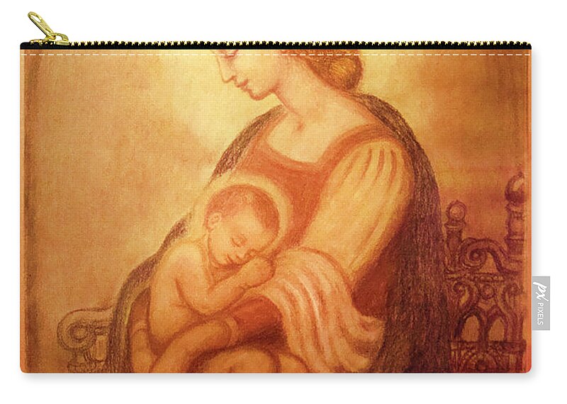 Madonna And Child Zip Pouch featuring the mixed media Madonna with the sleeping child by Ananda Vdovic