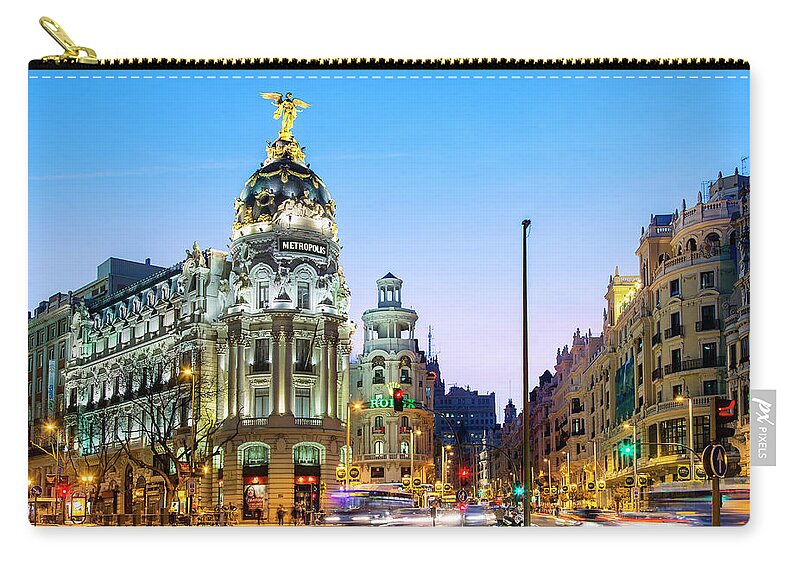 Built Structure Zip Pouch featuring the photograph Madrid, Metropolis Building At Night by Sylvain Sonnet