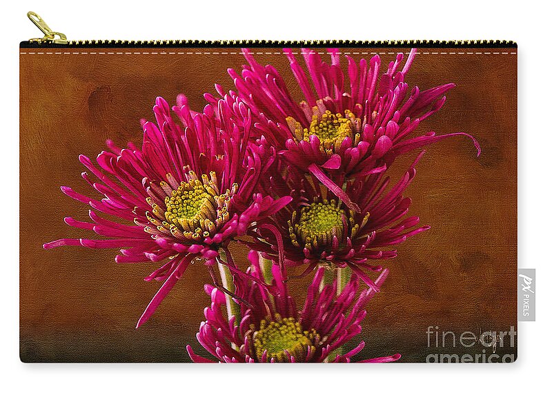 Daisy Zip Pouch featuring the photograph Magenta Daisies Against Old Gold by Lois Bryan