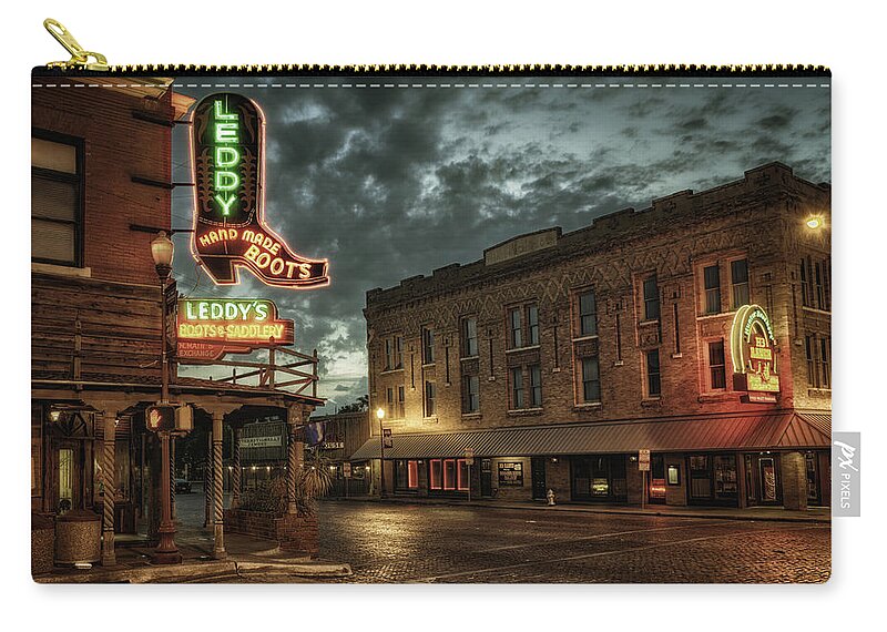  Fort Worth Zip Pouch featuring the photograph Main and Exchange by Joan Carroll