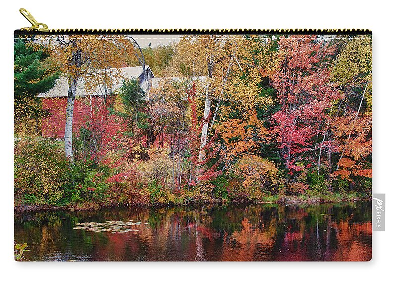 Autumn Foliage New England Zip Pouch featuring the photograph Maine barn through the trees by Jeff Folger