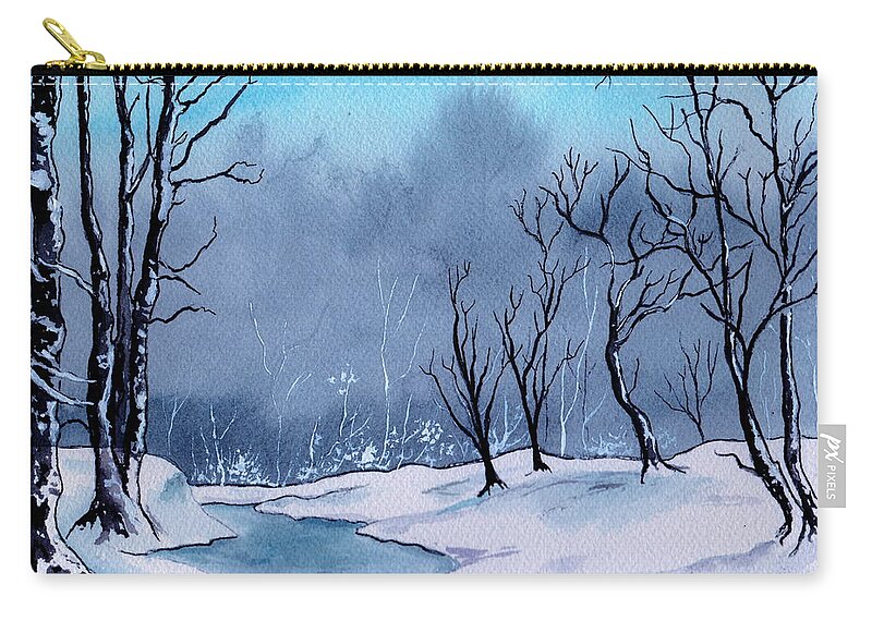 Watercolor Zip Pouch featuring the painting Maine Snowy Woods by Brenda Owen