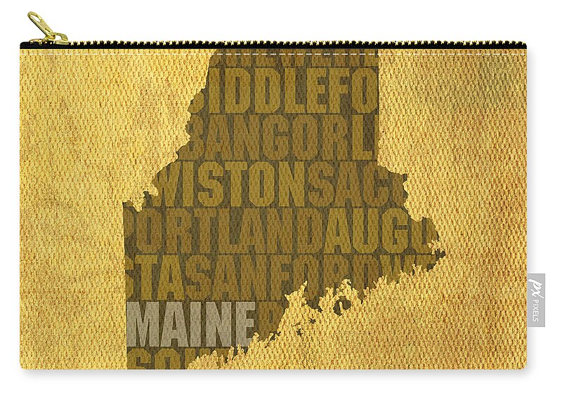 Maine Word Art State Map On Canvas Zip Pouch featuring the mixed media Maine Word Art State Map on Canvas by Design Turnpike